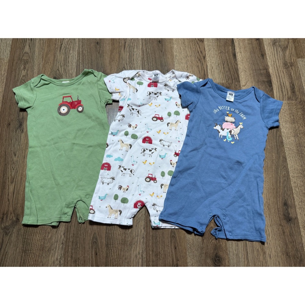 HB Romper Baby 9-12M Blue Green White Infant Farm Animals Excellent